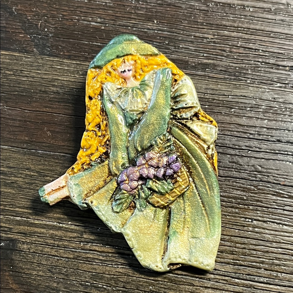 Vintage MCM Made in Japan Resin Lady Brooch with Grapes Harvest 2.5”